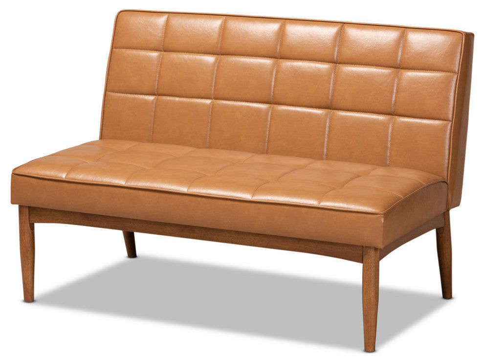 Devin Midcentury Modern 2-Piece Dining Banquette Seat, Tan Faux Leather