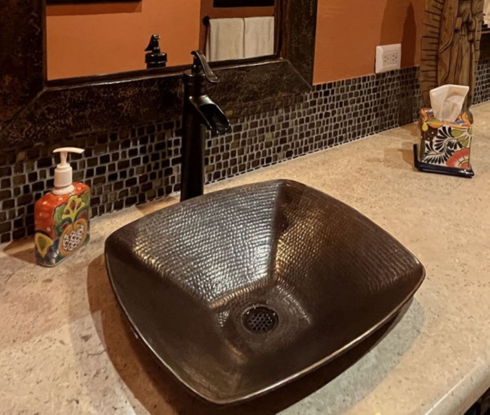 15" Square Copper Vessel Bathroom Sink in Aged Copper with Grid Drain