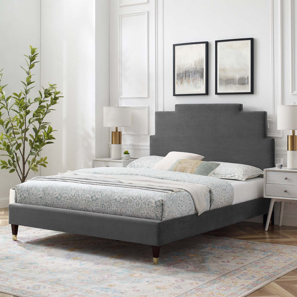 Platform Bed Frame, King Size, Velvet, Dark Gray, Modern Contemporary