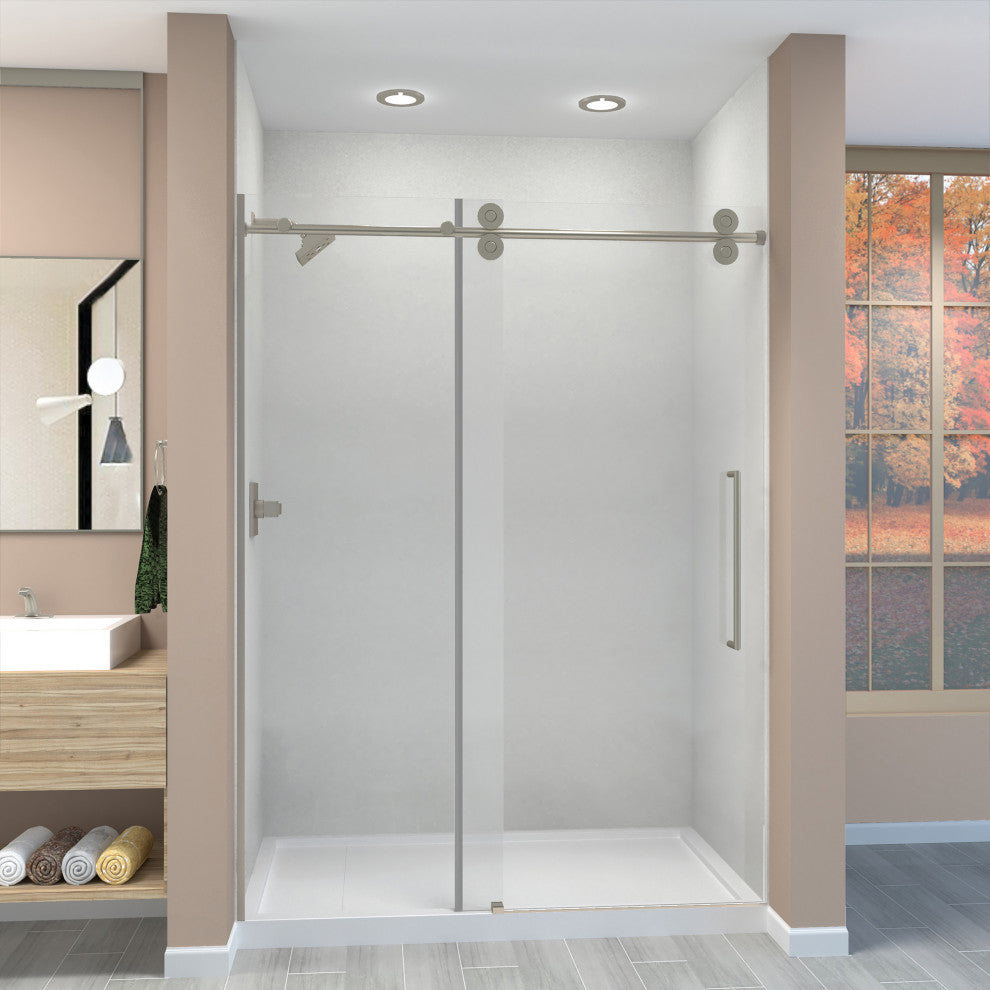 Teegan Plus Sliding Shower Door, Fixed, Clear Glass, Brushed Stainless, Turin