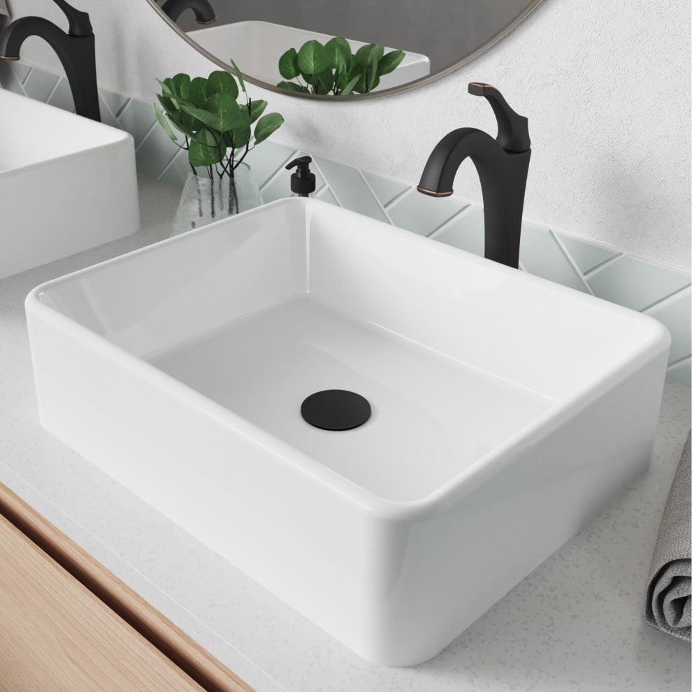 Elavo Rectangle Ceramic Vessel Sink, Bathroom Arlo Faucet, Drain, Oil Rub Bronze