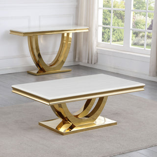 Trinidad White Rectangular Stone Coffee Table, Gold
