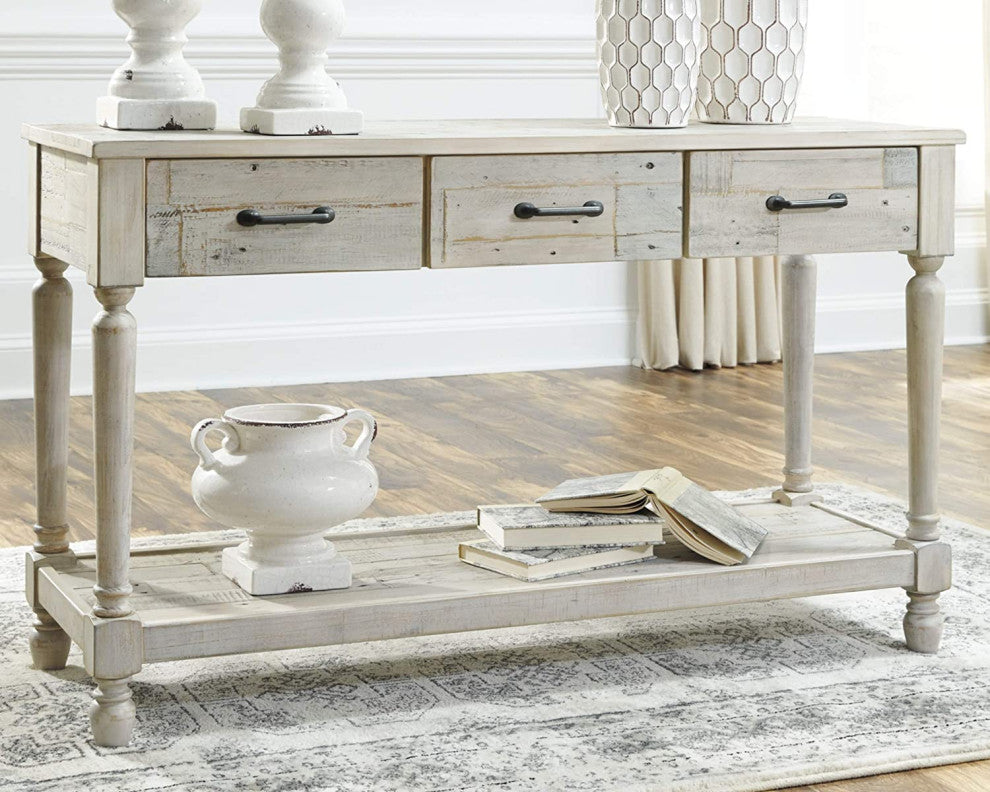 Sofa Table w/ Fixed Shelf, Whitewash Wood