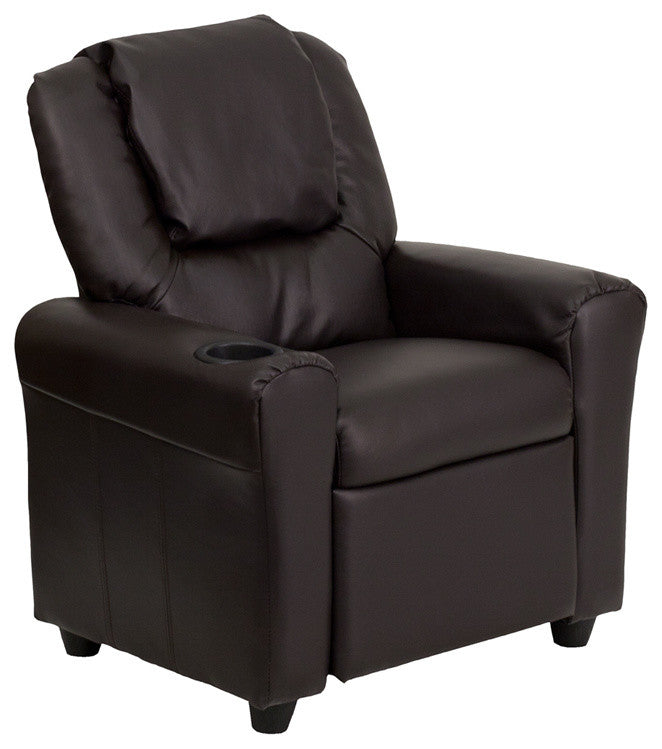 Contemporary Brown Leather Kids Recliner With Cup Holder and Headrest