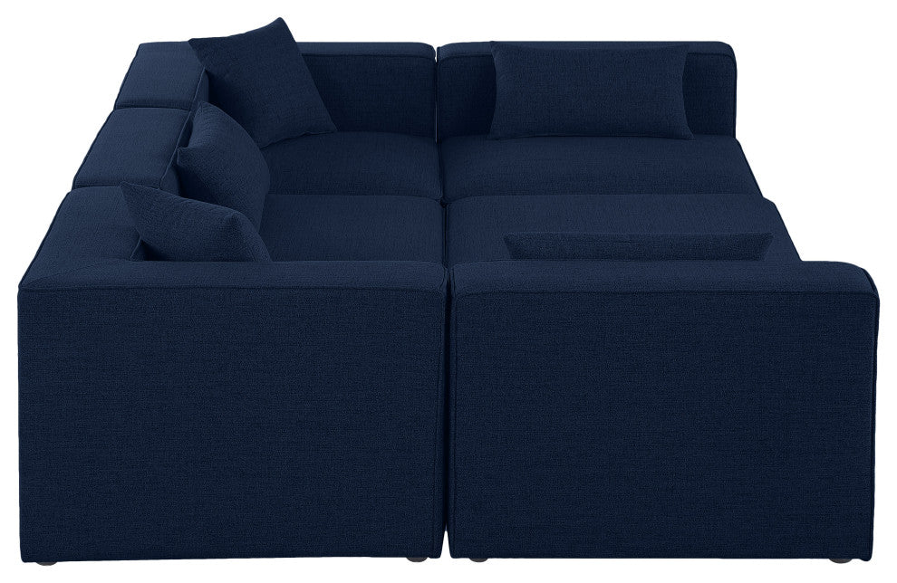 Cube Upholstered Modular Sectional, Navy, 6-Piece: 3 Armless Chair, 2 Corner Chair, 1 Ottoman, Linen Texured Fabric