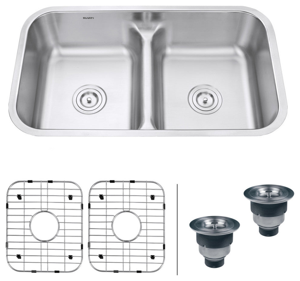 Ruvati RVM4350 Undermount 16 Gauge 32" Low Divide Double Bowl Kitchen Sink