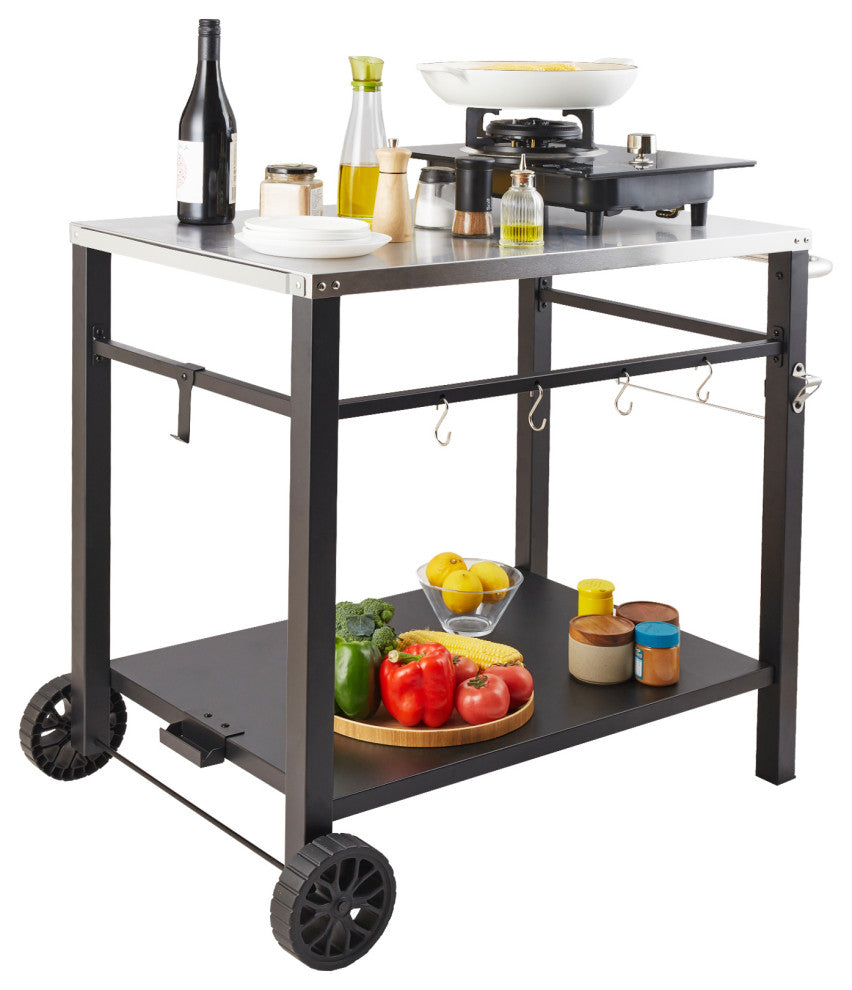 VEVOR Outdoor Grill Dining Cart Double-Shelf BBQ Movable Food Prep Trolley Patio