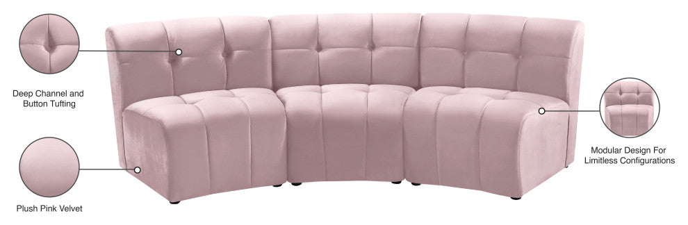 Limitless Velvet Upholstered 3-Piece Modular Sectional, Pink