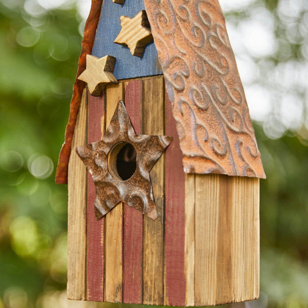 12.4" H USA Patriotic Theme Wooden Bluebird House Decorative Birdhouse