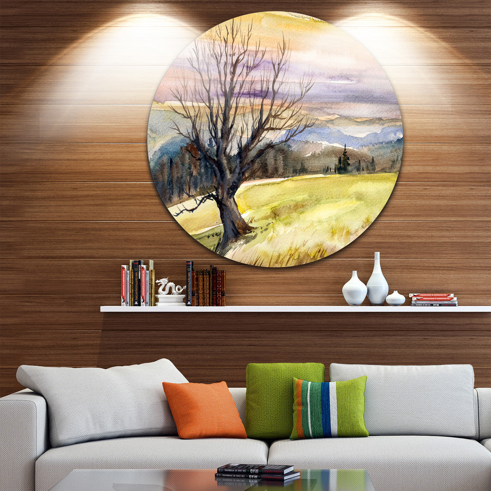 Tree Without Leaves At Sunset, Trees Painting Disc Metal Wall Art, 11"