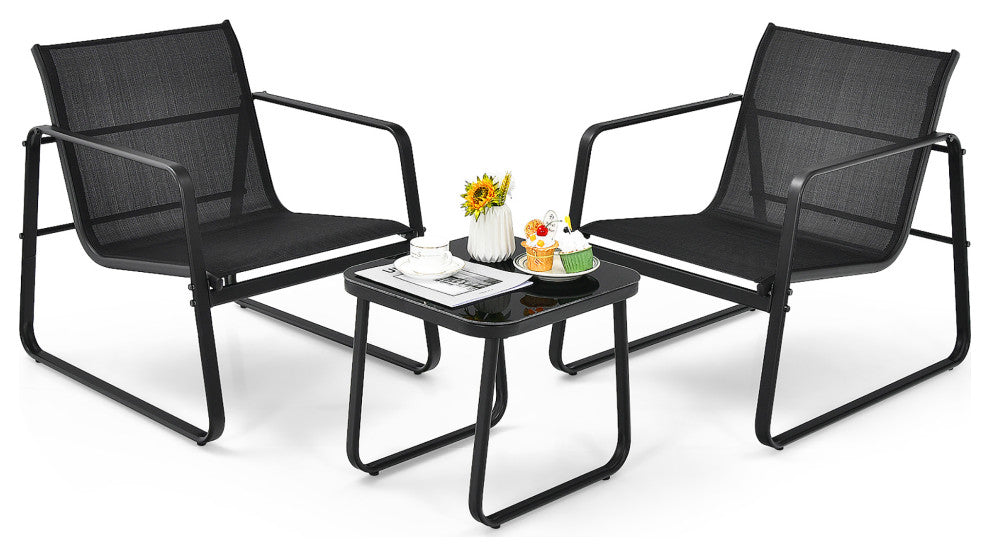 Costway 3PCS Patio Bistro Furniture Set Glass Top Table Garden Deck Black