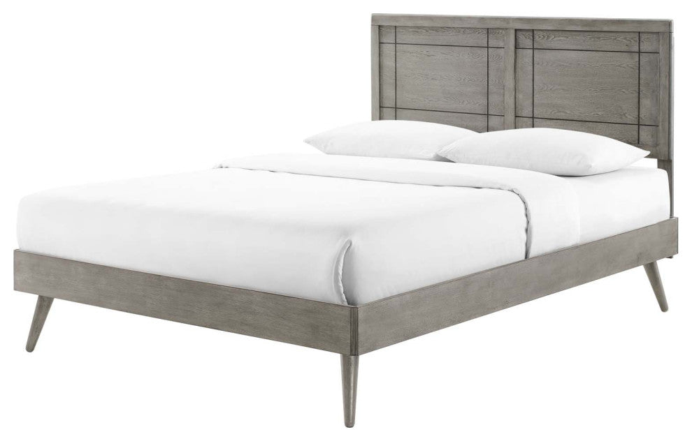 Platform Bed Frame, King Size, Wood, Gray, Modern Mid-Century, Bedroom