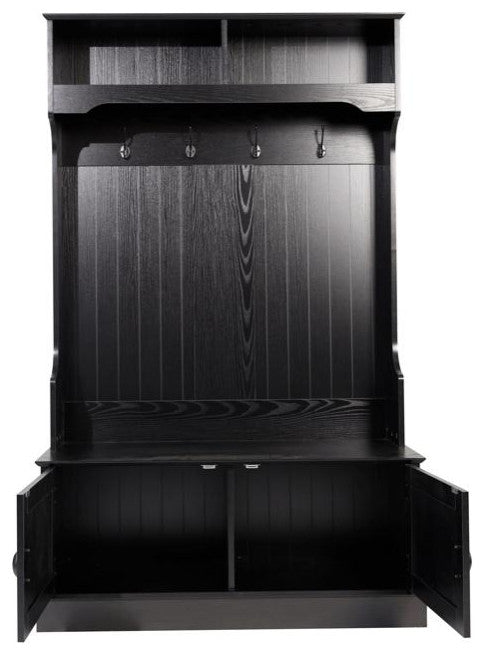 Fraser 40" Double Door Storage Bench, Coat Rack and 2 Upper Storage Cubbies, Black