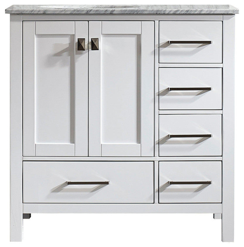 36" Single Vanity in White with Carrara White Marble Countertop Without Mirror