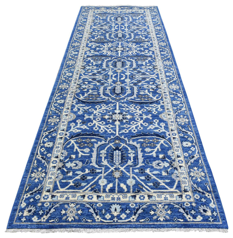 Cobalt Blue, Fine Peshawar Soft Wool Hand Knotted Wide Runner Rug, 4'3"x11'9"