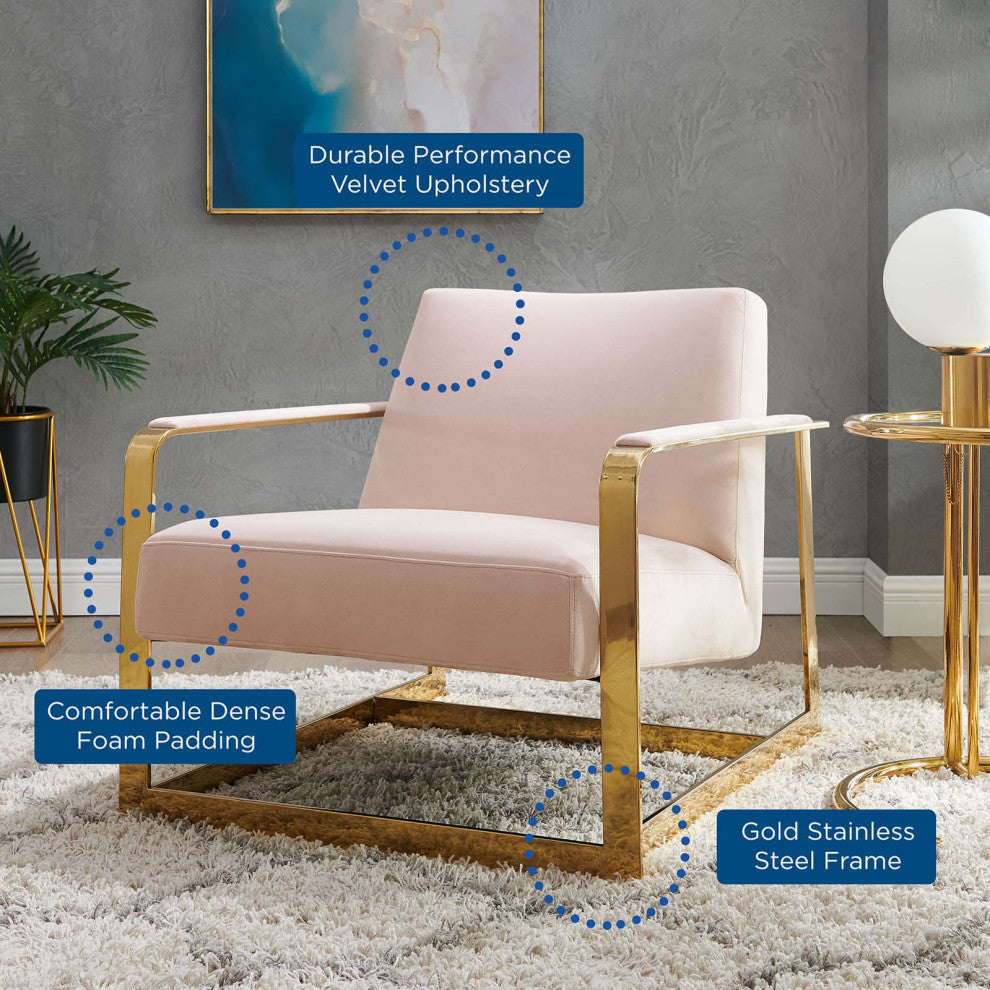 Accent Chair, Velvet, Metal, Gold Pink, Modern, Living Lounge Hotel Hospitality