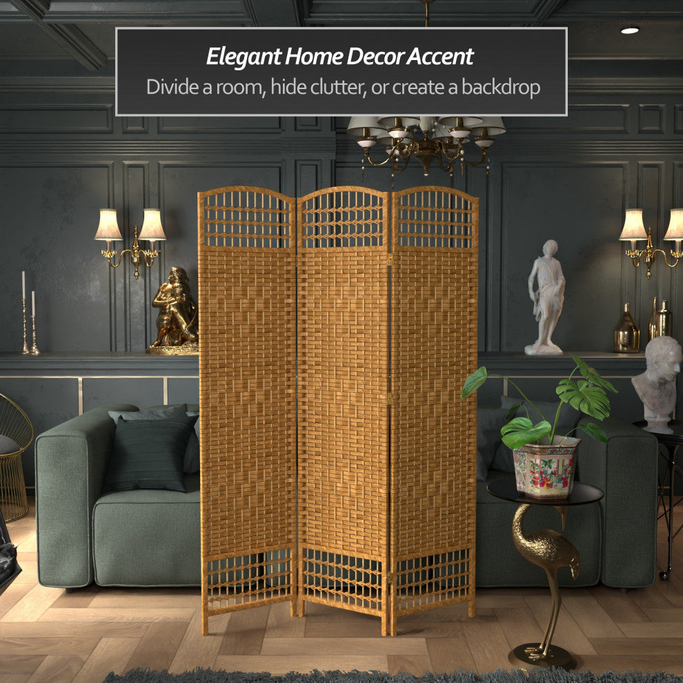 5 1/2' Tall Fiber Weave Room Divider, Light Beige, 3 Panel