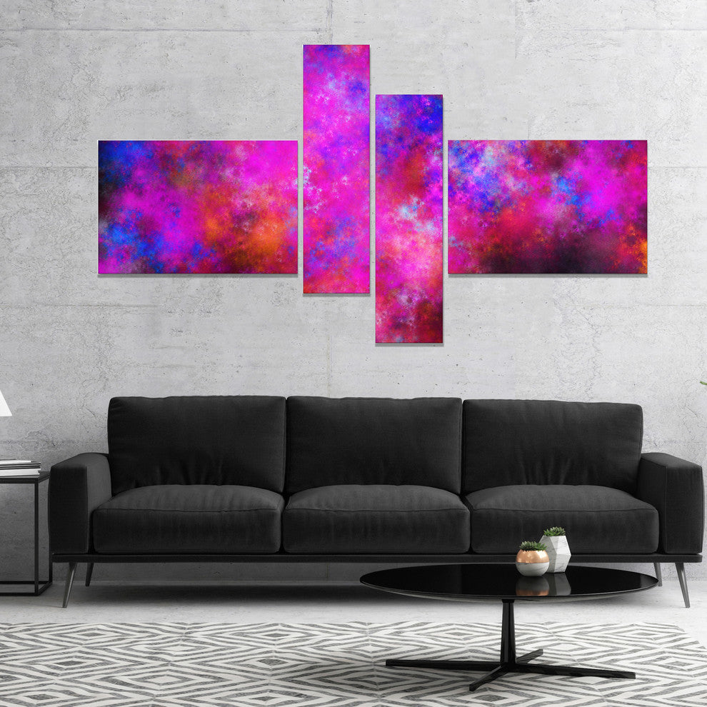 Red Blue Starry Fractal Sky, Abstract Art on Canvas, 60"x32", 4 panels