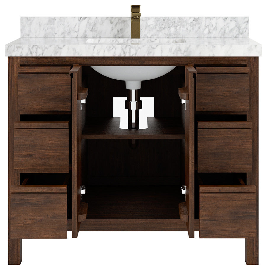 Elizabeth 42 Single Sink Bath Vanity in Dark Walnut Teak 2" Carrara Marble