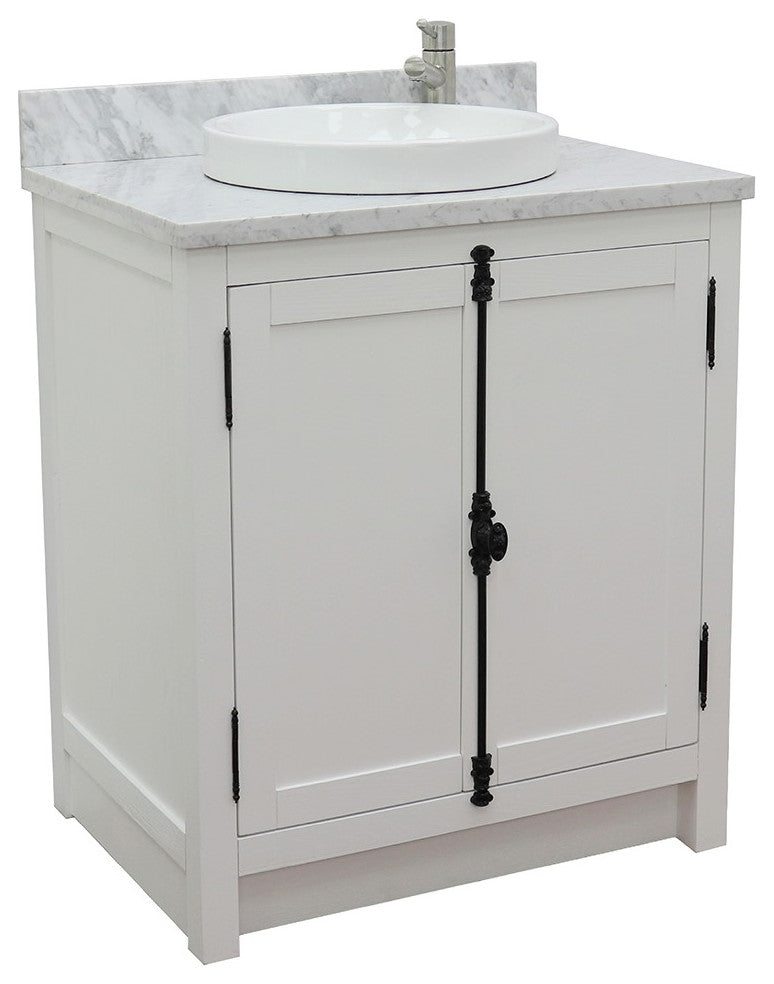 30" Single Vanity, Glacier Ash, White Carrara Top, Round Sink