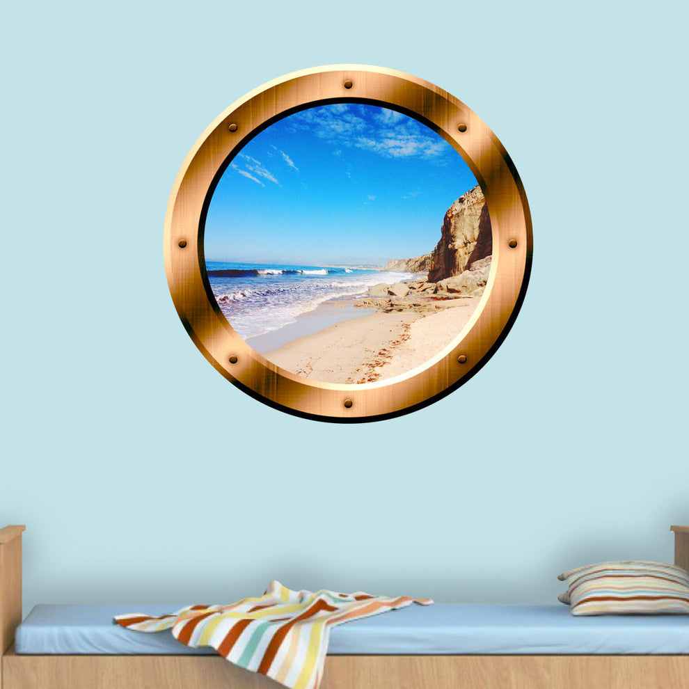 Beach Porthole 3D Ocean Wall Decal Peel And Stick Decor, 14" Diameter