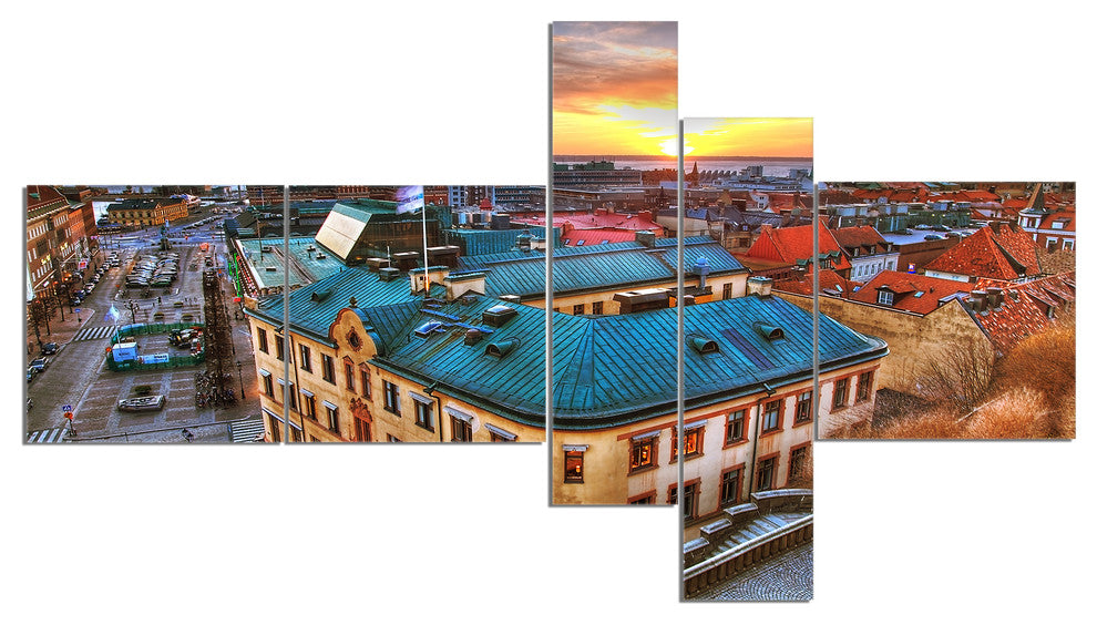 Colorful City Landscape, Cityscape Canvas Art Print, 60"x32", 5 panels