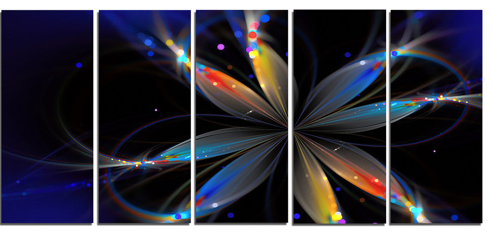 Abstract Fractal Flower on Black, Floral Canvas Print, 60"x28", 5 Panels