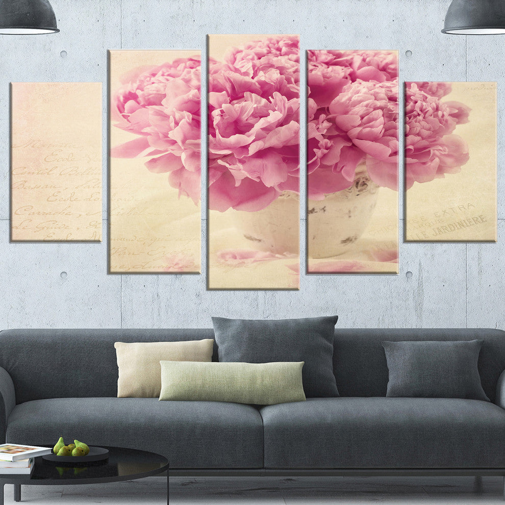 Bunch of Peony Flowers on Table, Large Floral Canvas Print, 60"x32", 5 Panels
