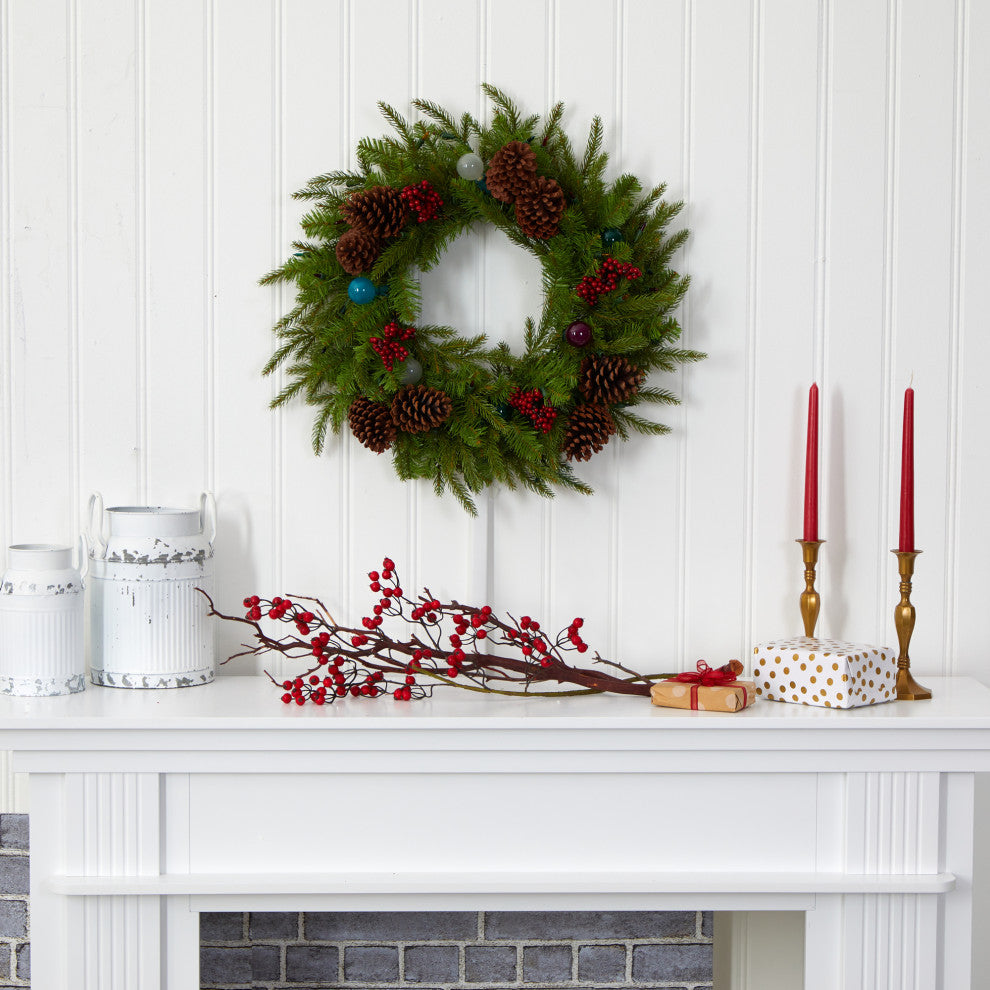 24" Xmas Faux Wreath W/ 50 Multicolor Lights, 7 Globe Bulbs, Berries & Pinecones
