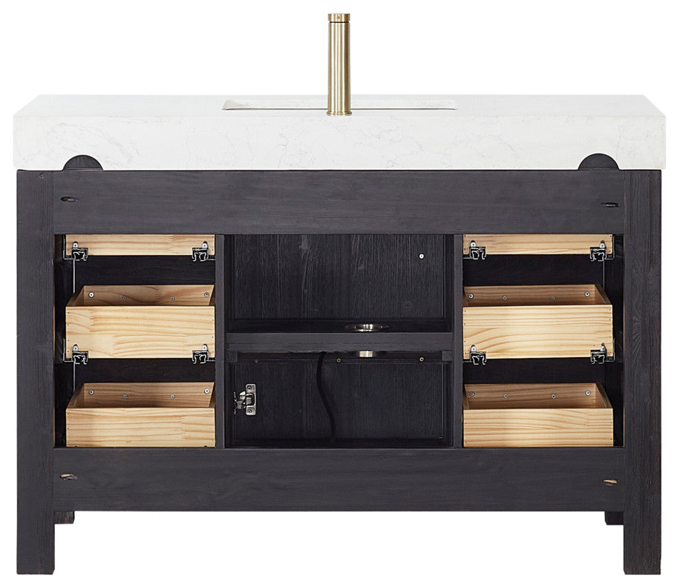 Leon Bath Vanity With Composite Stone Top, Fir Wood Black, 48", With Mirror