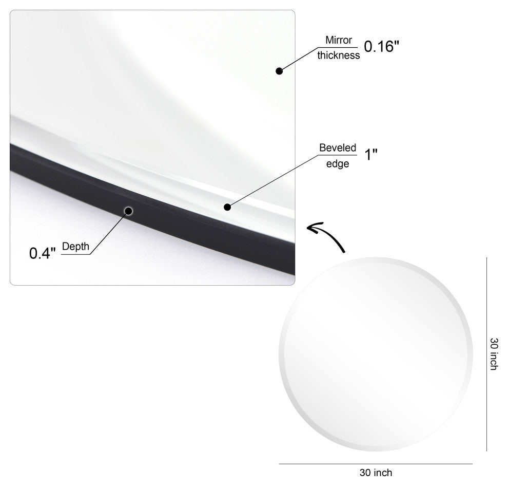 Frameless Beveled Round Wall Mirror, 1" Beveled Edge, 30"x30"