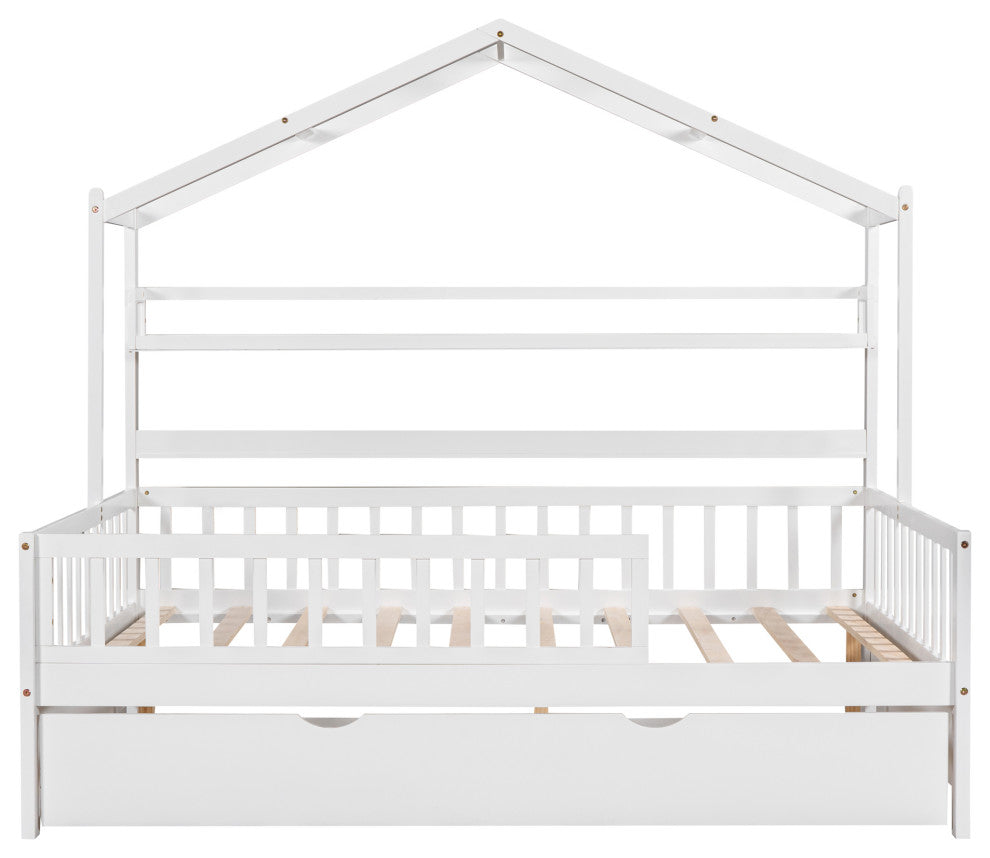 Gewnee Wood Full Size House Bed with Trundle for Kids in White