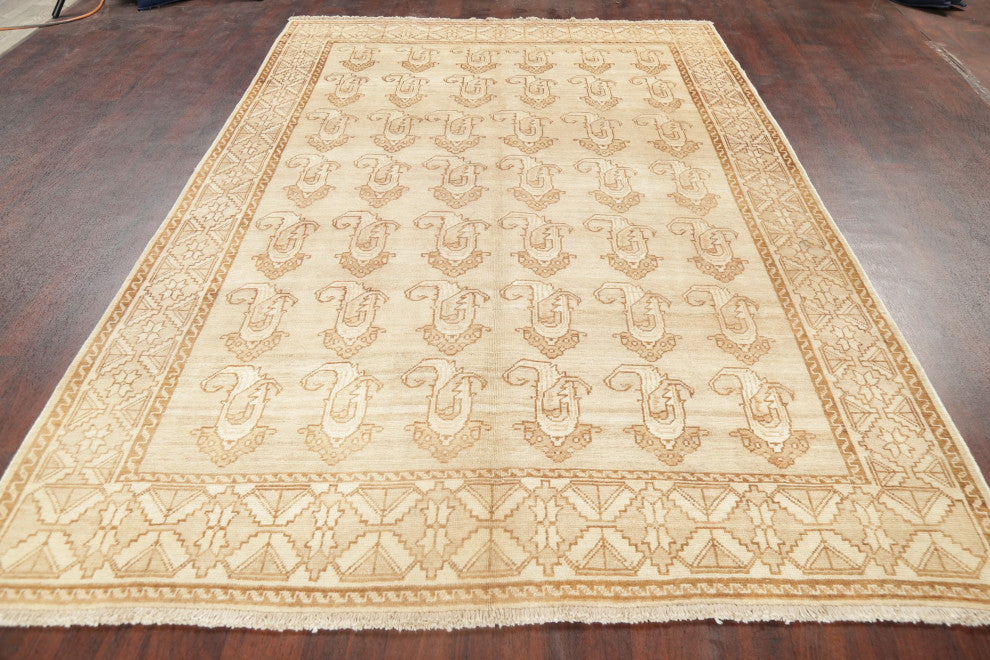 Consigned, Handmade Vintage-Style Faded Traditional Persian Area Rug, Beige, 6x9