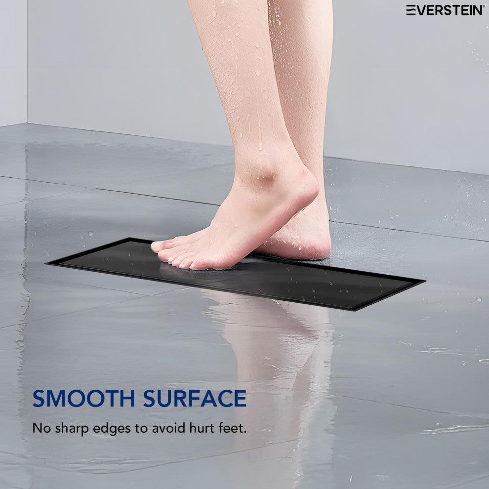 Linear Shower Drain with Hair Strainer and Reversible Tile Insert Cover, Matte Black