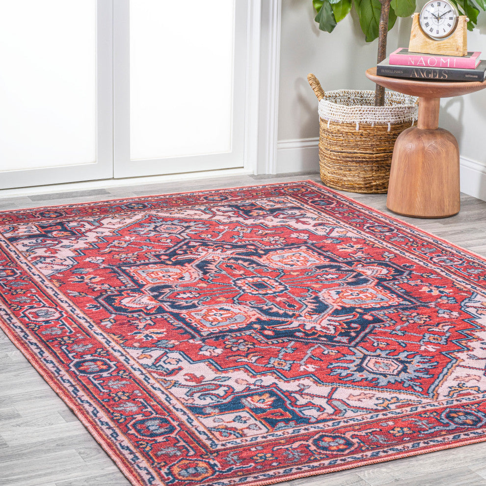 Cirali Ornate Large Medallion Machine Washable Indoor Area Rug, Red/Navy, 4 X 6
