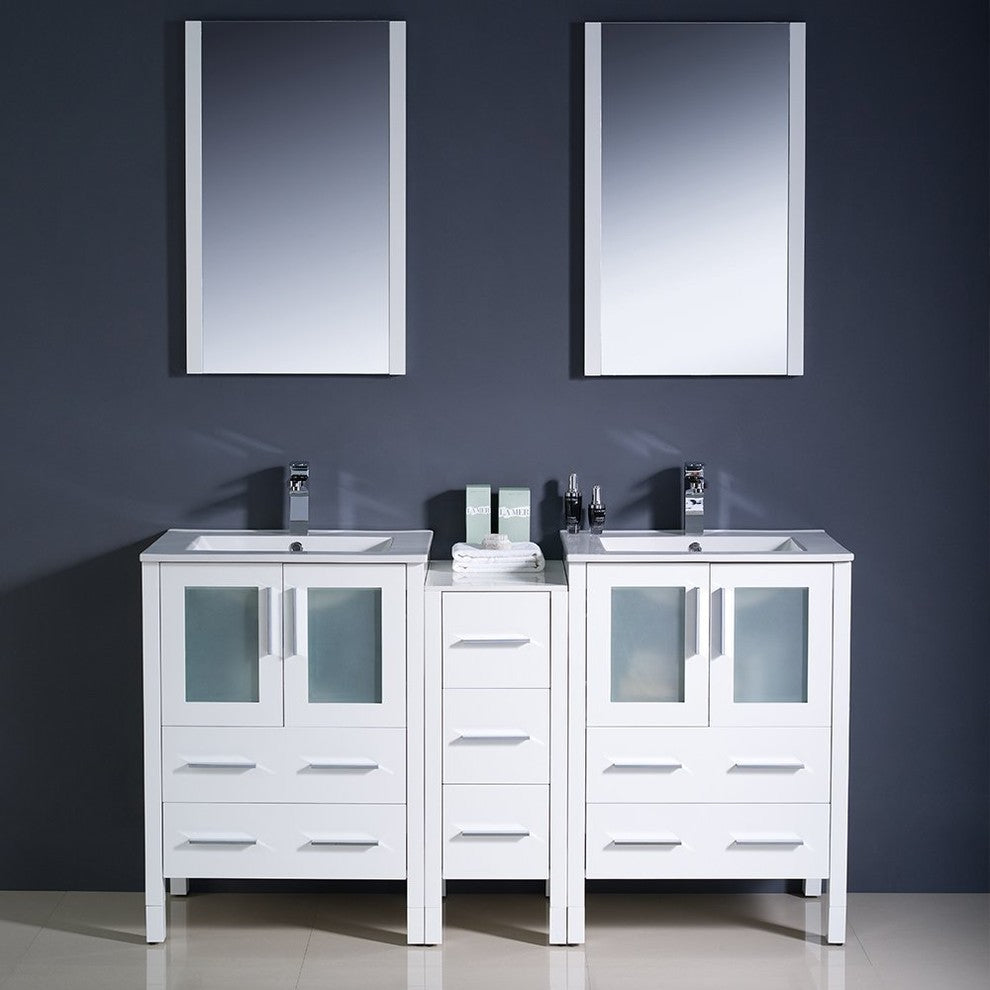 Torino 60" White Modern Double Sink Bathroom Vanity, Faucet FFT1030BN