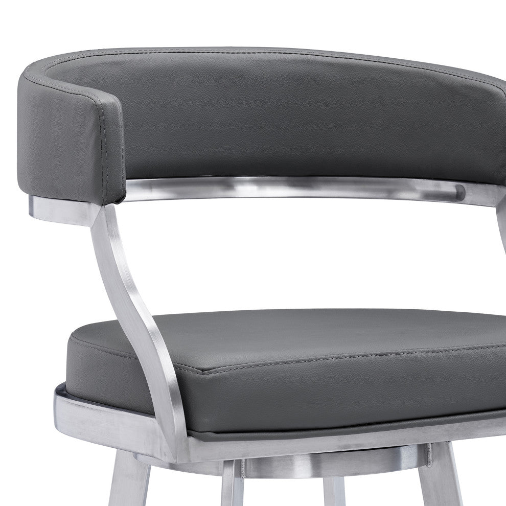 Saturn Swivel Metal and Faux Leather Bar Stool, Gray, 26" Counter Height