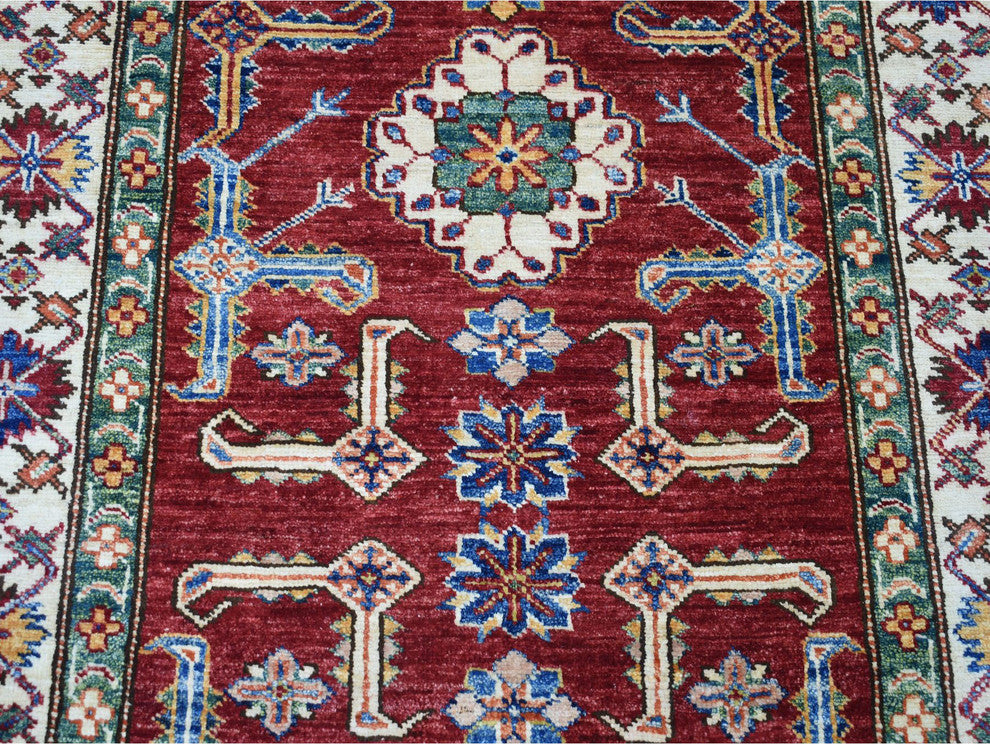 Red Super Kazak Geometric Design Hand-Knotted XL Runner Rug, 3'4"x19'3"