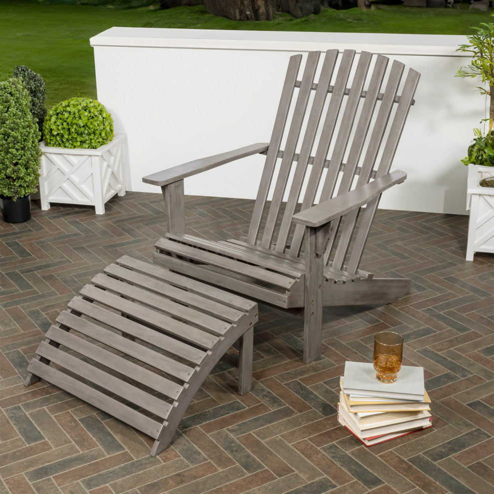 2-Piece Traditional Rustic Acacia Wood Adirondack Chair With Detachable Ottoman
