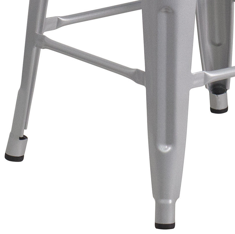 30" High Backless Silver Metal Barstool With Square Wood Seat