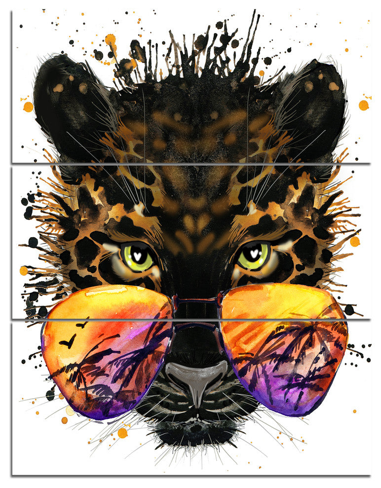 Funny Jaguar with Sunglasses, Contemporary Animal Art Canvas, 28x36, 3 Panels