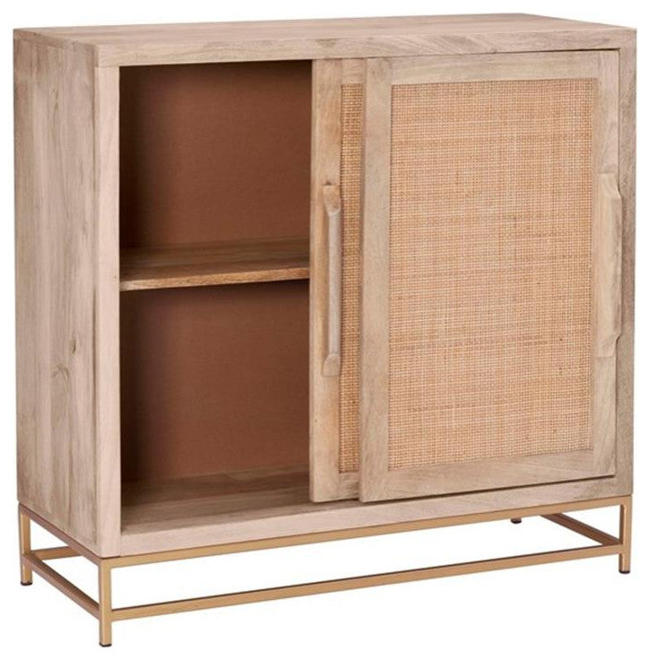 Linon Josie Wood Storage Cabinet 2 Sliding Cane Doors Gold Metal Base in Natural