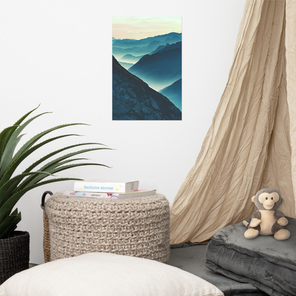 Misty Blue Silhouette Mountain Range Landscape Photo Unframed Wall Art Prints, 12" X 18"