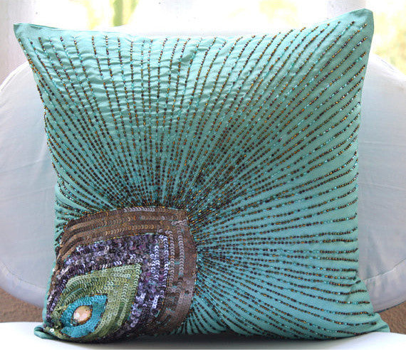 Blue Art Silk 14"x14" Peacock Feather Pillowcases, Peacock Grace