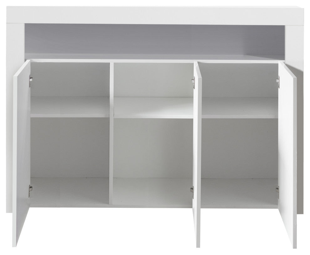 Interior view with doors open on white background showing internal shelves (close-up of features).