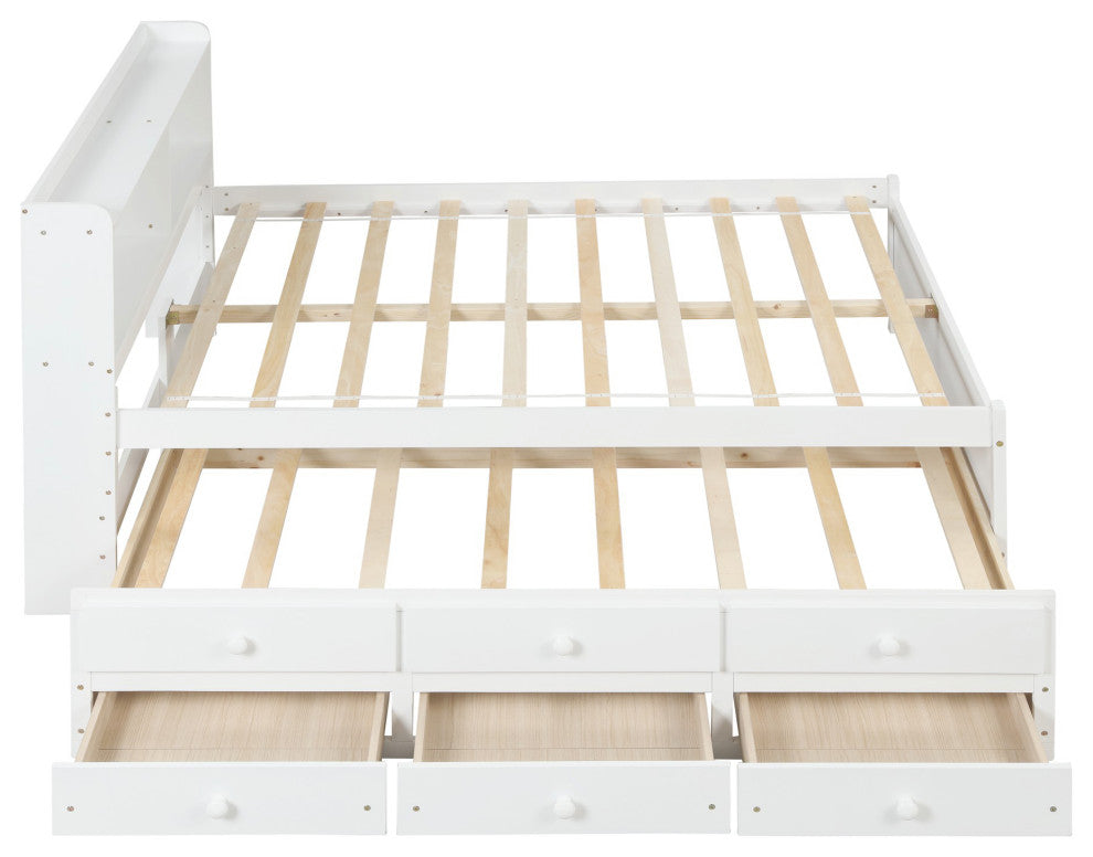 Full/Twin Wood Frame Platform Bed with Trundle and Drawers, White, Full