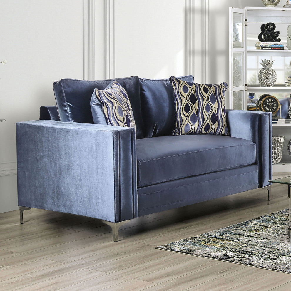 Microfiber And Wooden Love Seat with Bench Style Cushion Design, Satin Blue, L