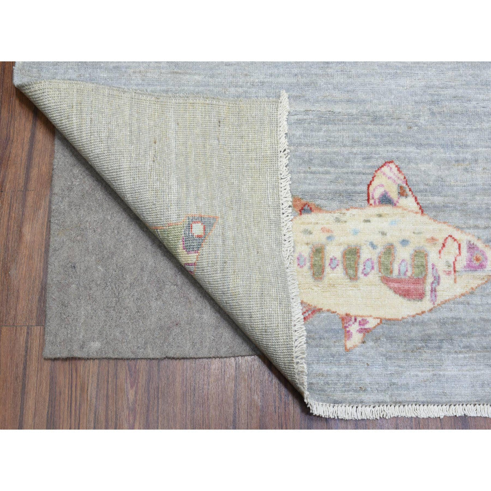Light Gray, Soft Wool Hand Knotted, Afghan Peshawar Oriental Rug, 9'2"x11'9"