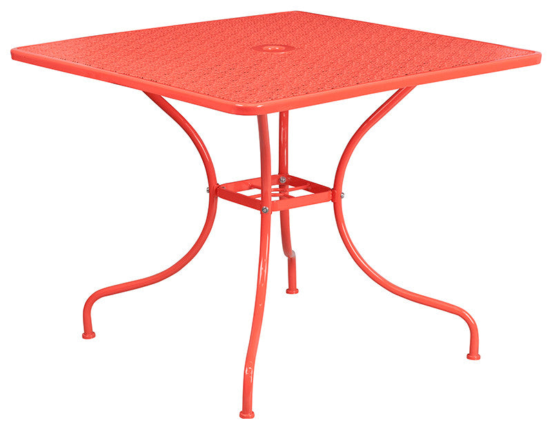 35.5'' Square Indoor-Outdoor Steel Patio Table and 2 Round Back Chairs, Coral