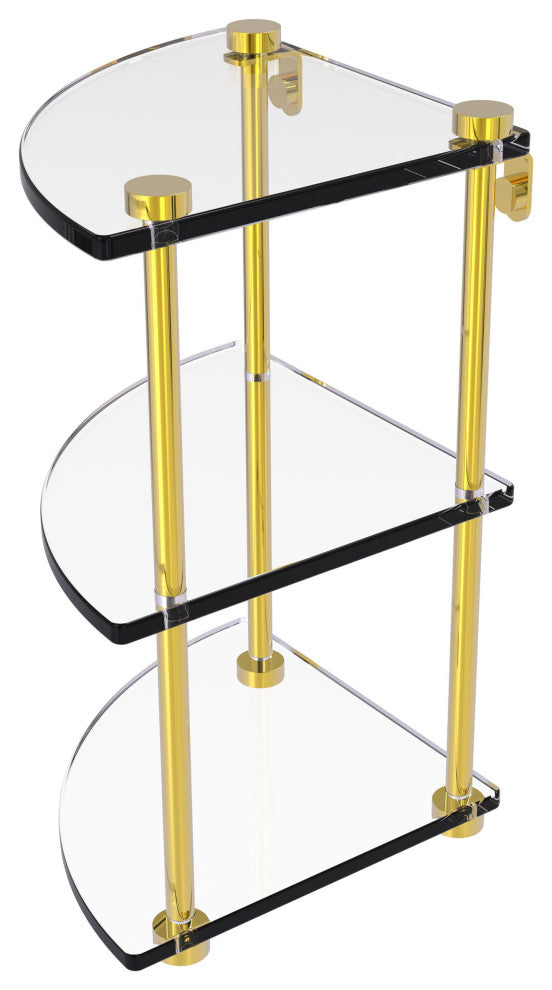 Three Tier Corner Glass Shelf, Polished Brass